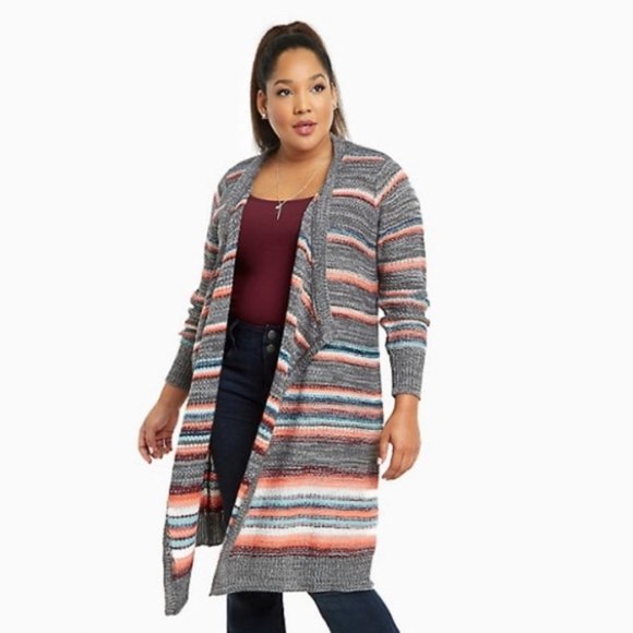 torrid Sweaters - Torrid Gray Striped Long Open Cardigan